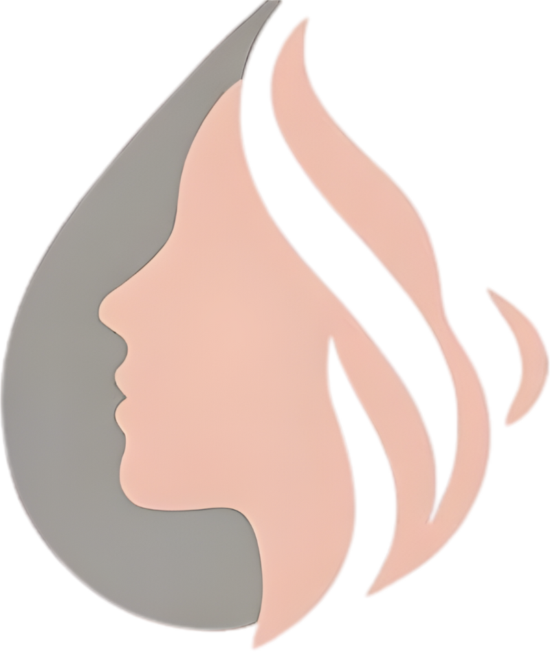 Logo with a stylized profile of a woman's face and flowing hair on a gray background
